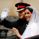 Prince Harry, the Duke of Sussex, and Meghan, the Duchess of Sussex, leave Windsor Castle on May 19, 2018, in Windsor, England.